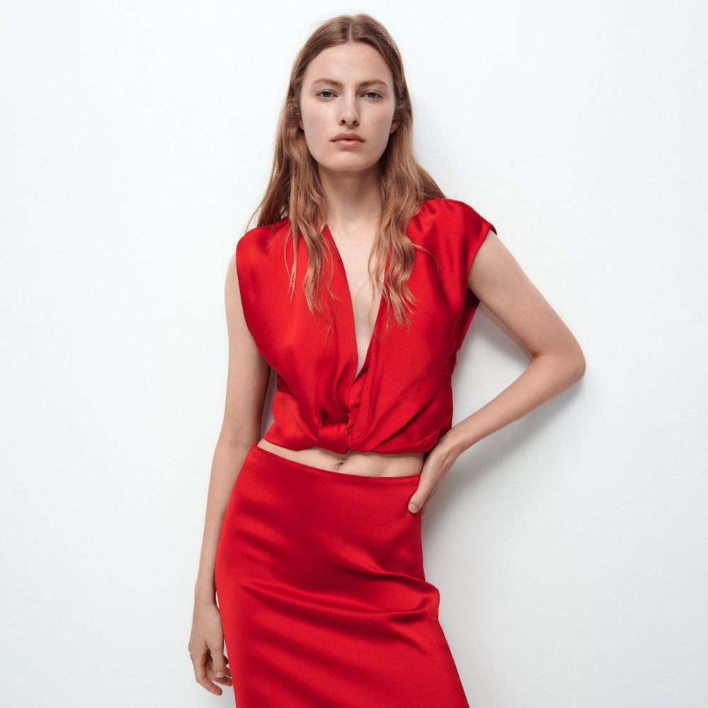 ZARA Head-Turning Red Satin Top with Knot